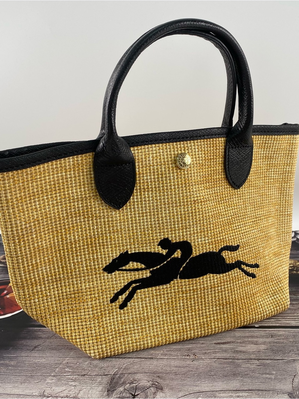 Woven Straw Tote with Black Leather Trim and Horse Motif - Picture 2 of 5
